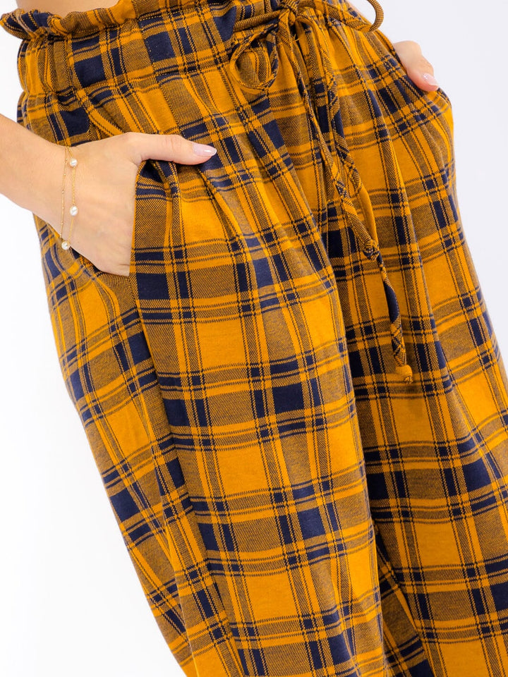 WOMEN'S ELASTIC WAIST FRONT POCKETS STRAIGHT LEG PLAID PANTS