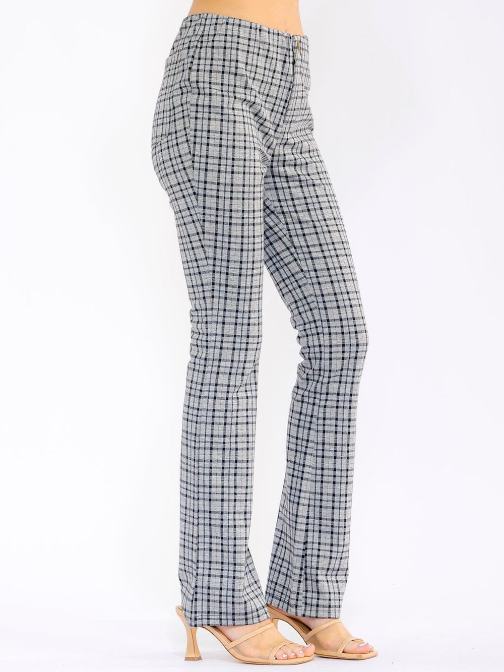WOMEN'S BUTTON CLOSURE BACK POCKETS STRAIGHT LEG PLAID PANTS