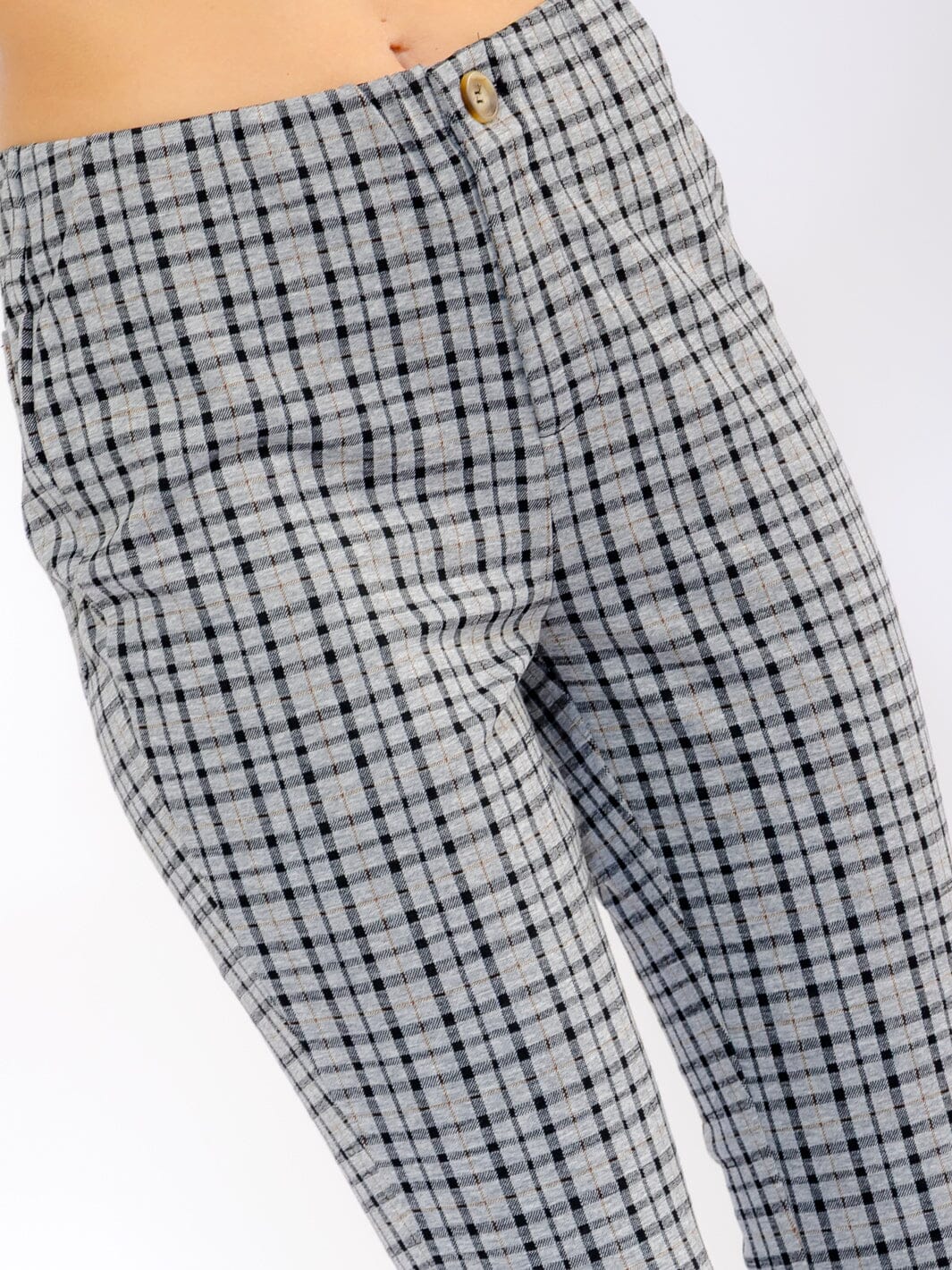 WOMEN'S BUTTON CLOSURE BACK POCKETS STRAIGHT LEG PLAID PANTS
