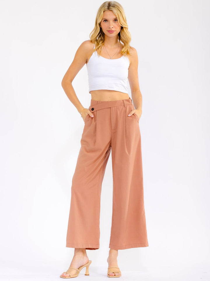 WOMEN'S BUTTON CLOSURE FRONT POCKETS WIDE LEG PANTS