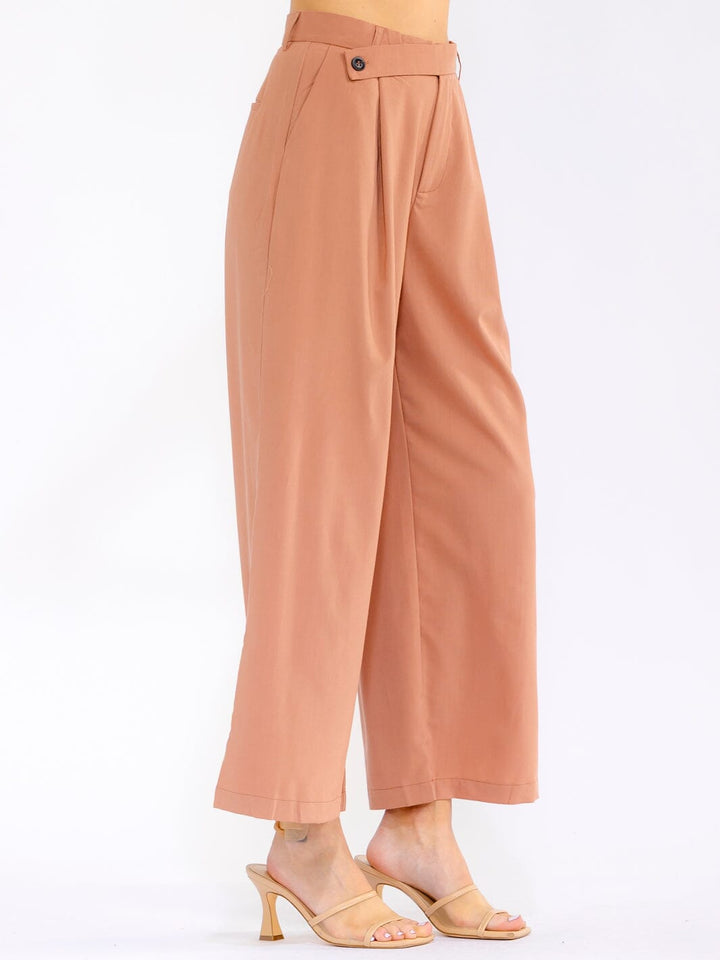 WOMEN'S BUTTON CLOSURE FRONT POCKETS WIDE LEG PANTS
