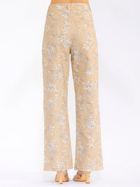WOMEN'S BUTTON CLOSURE FRONT POCKETS STRAIGHT LEG FLORAL DENIM PANTS