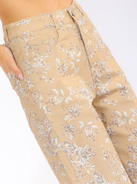 WOMEN'S BUTTON CLOSURE FRONT POCKETS STRAIGHT LEG FLORAL DENIM PANTS