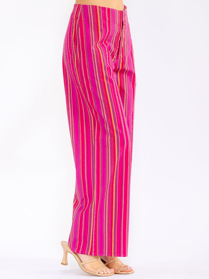 WOMEN'S BUTTON CLOSURE FRONT POCKETS WIDE LEG MULTI STRIPES PANTS
