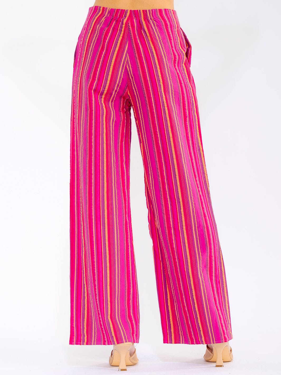 WOMEN'S BUTTON CLOSURE FRONT POCKETS WIDE LEG MULTI STRIPES PANTS