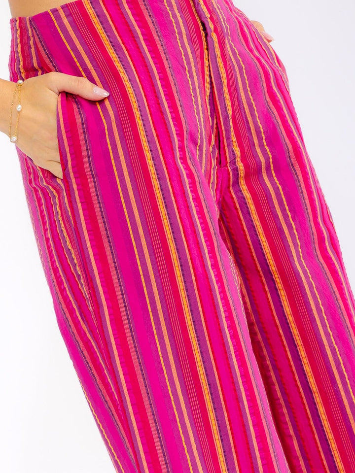 WOMEN'S BUTTON CLOSURE FRONT POCKETS WIDE LEG MULTI STRIPES PANTS