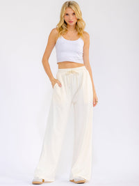 WOMEN'S ELASTIC WAIST SELF TIE FRONT POCKETS WIDE LEG PANTS