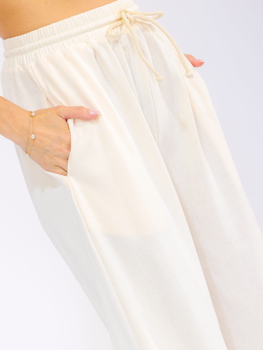 WOMEN'S ELASTIC WAIST SELF TIE FRONT POCKETS WIDE LEG PANTS