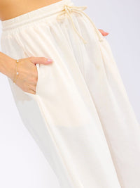 WOMEN'S ELASTIC WAIST SELF TIE FRONT POCKETS WIDE LEG PANTS