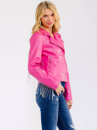 WOMEN'S LONG SLEEVE ZIPPER CLOSURE FRONT POCKETS RHINESTONES FRINGE PU PLEATHER JACKET