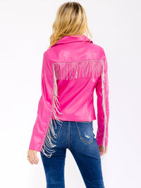 WOMEN'S LONG SLEEVE ZIPPER CLOSURE FRONT POCKETS RHINESTONES FRINGE PU PLEATHER JACKET