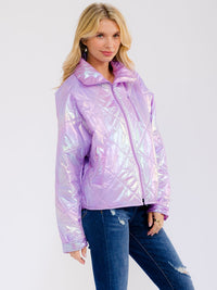 WOMEN'S LONG SLEEVE ZIP UP FRONT POCKETS PUFFER METALLIC JACKET