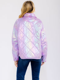 WOMEN'S LONG SLEEVE ZIP UP FRONT POCKETS PUFFER METALLIC JACKET