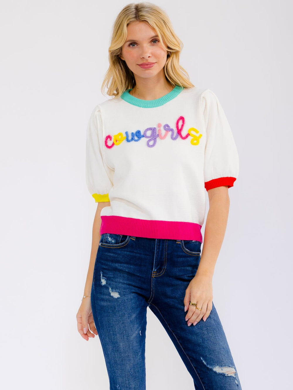 WOMEN'S SHORT SLEEVE COLORBLOCK COWGIRL SWEATER TOP