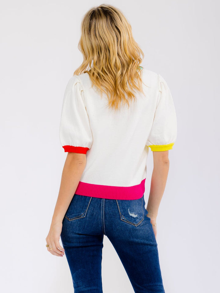 WOMEN'S SHORT SLEEVE COLORBLOCK COWGIRL SWEATER TOP