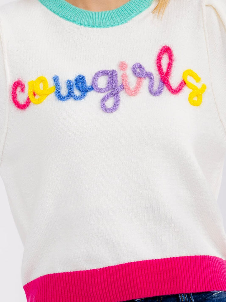 WOMEN'S SHORT SLEEVE COLORBLOCK COWGIRL SWEATER TOP