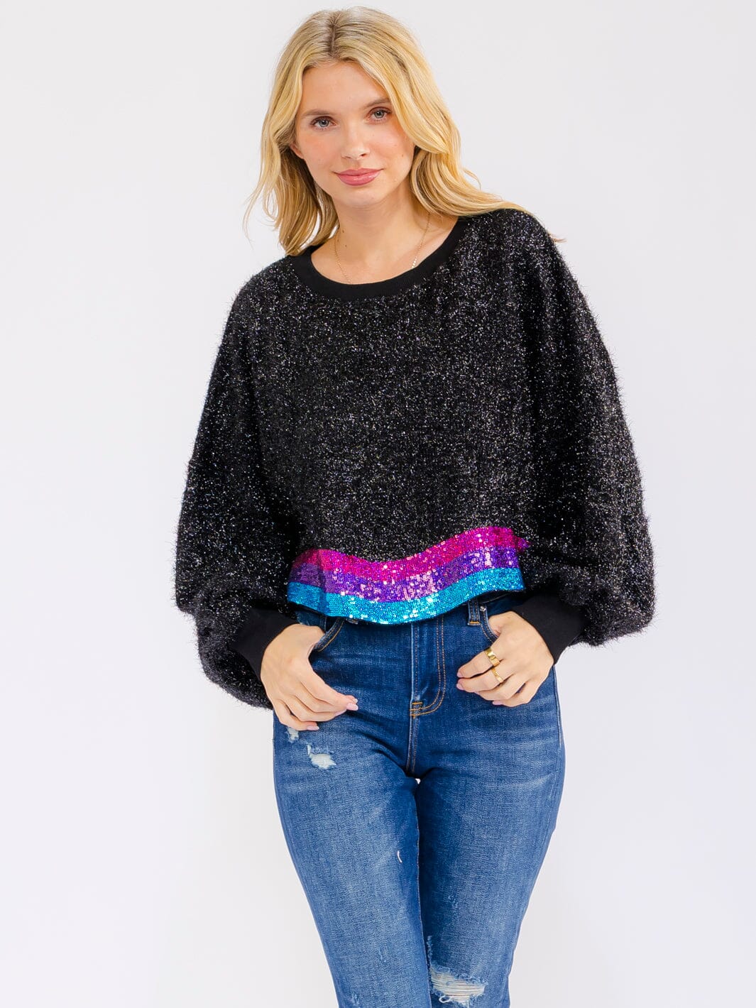 WOMEN'S LONG SLEEVE SEQUINS SHIMMER PULLOVER OVERSIZED SWEATER