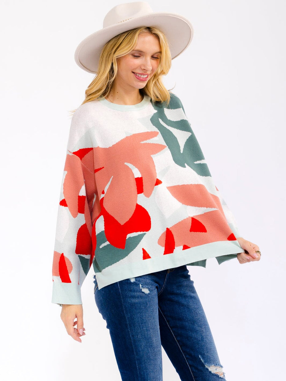 WOMEN'S LONG SLEEVE MULTI PRINT PULLOVER SWEATER