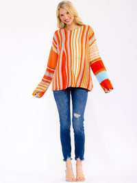 WOMEN'S LONG SLEEVE MULTI COLORBLOCK STRIPES PULLOVER SWEATER