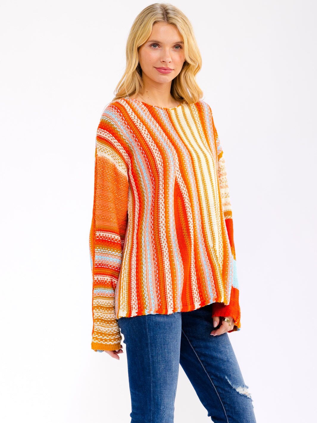 WOMEN'S LONG SLEEVE MULTI COLORBLOCK STRIPES PULLOVER SWEATER