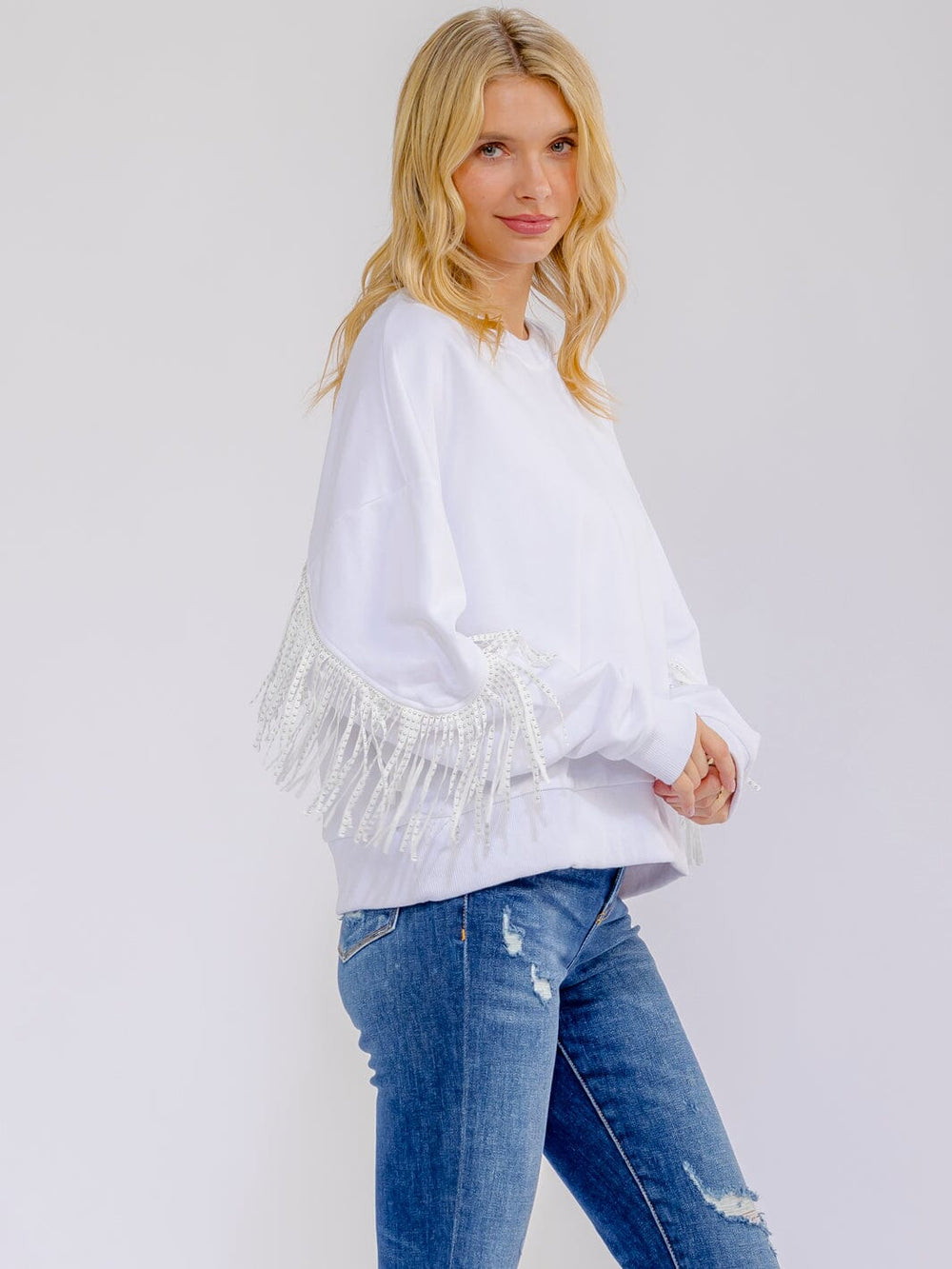 WOMEN'S LONG SLEEVE FRINGE DETAILED PULLOVER SWEATER