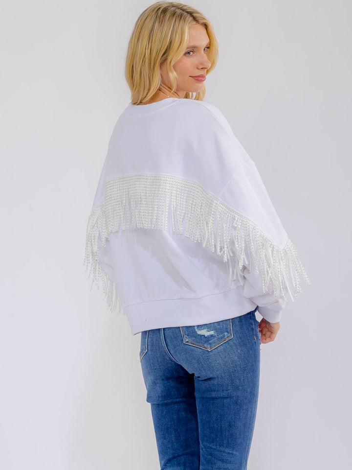 WOMEN'S LONG SLEEVE FRINGE DETAILED PULLOVER SWEATER