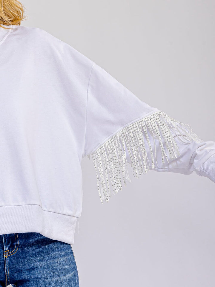 WOMEN'S LONG SLEEVE FRINGE DETAILED PULLOVER SWEATER