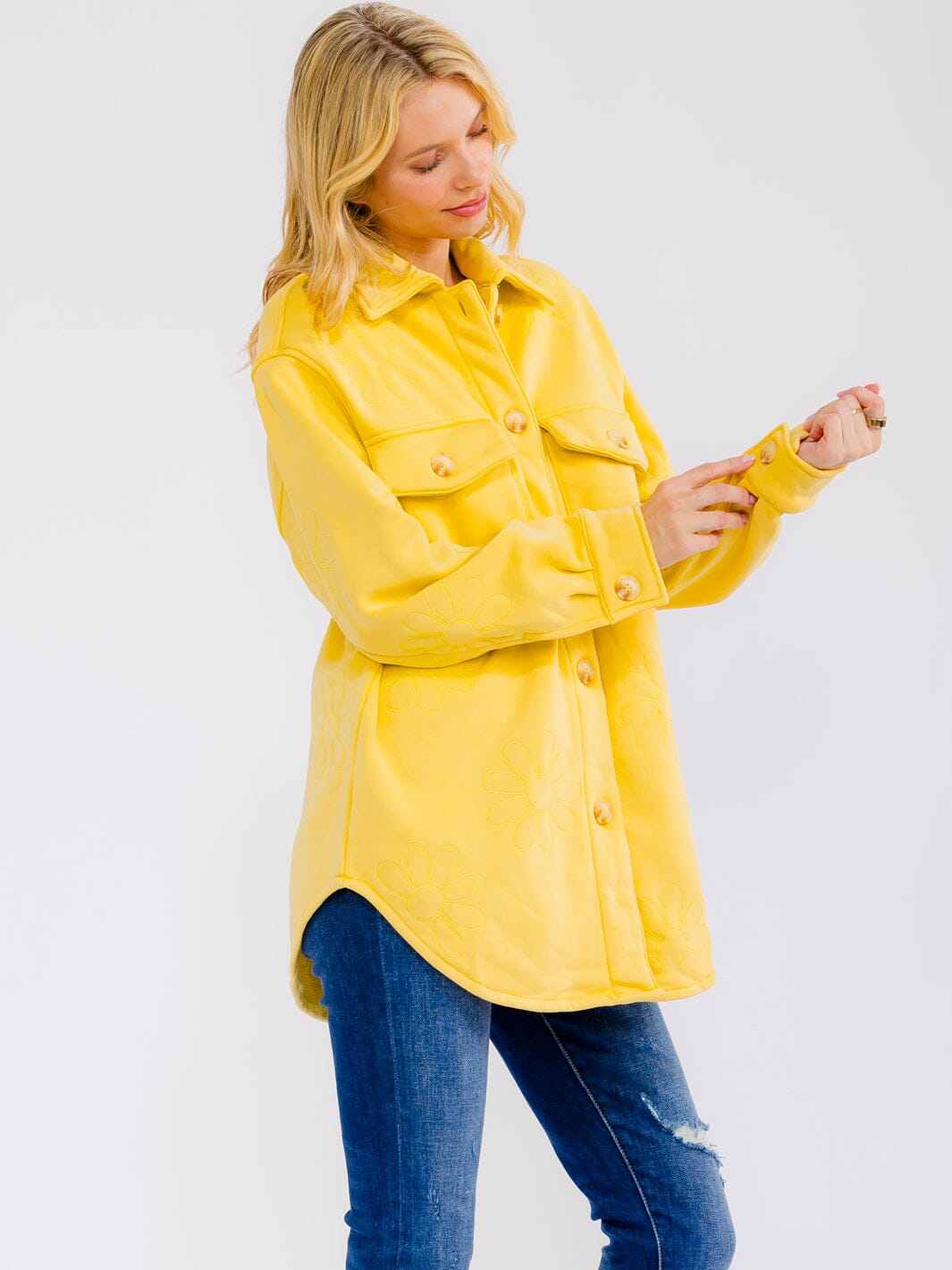 WOMEN'S LONG SLEEVE BUTTON UP FRONT POCKETS STITCHED FLOWERS JACKET