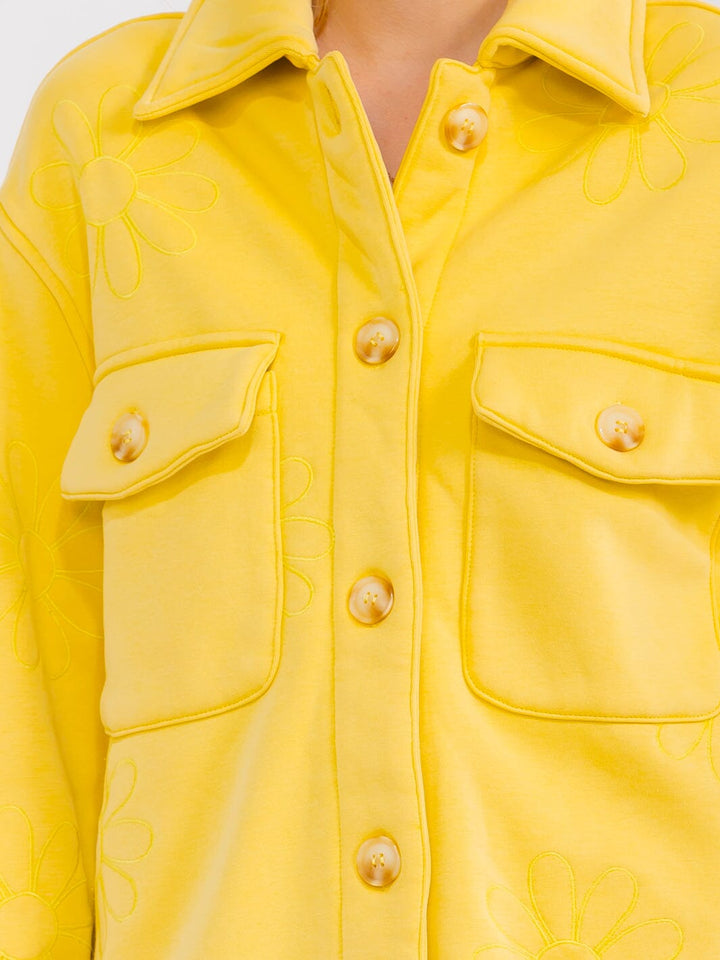 WOMEN'S LONG SLEEVE BUTTON UP FRONT POCKETS STITCHED FLOWERS JACKET