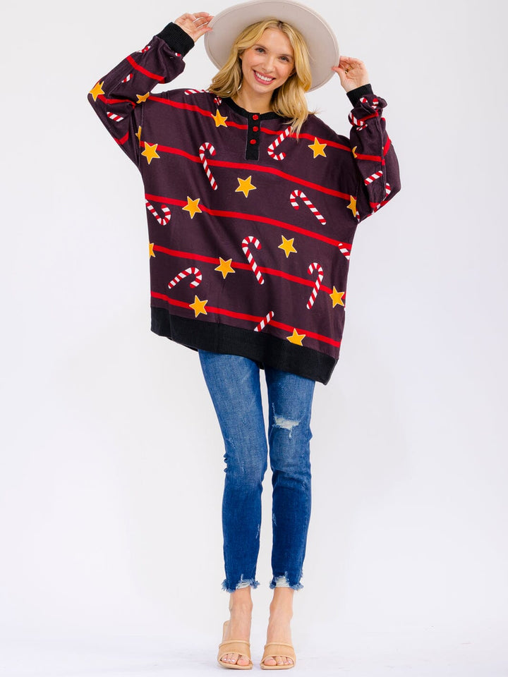 WOMEN'S LONG SLEEVE BUTTON UP PULLOVER OVERSIZED HOLIDAY SWEATER