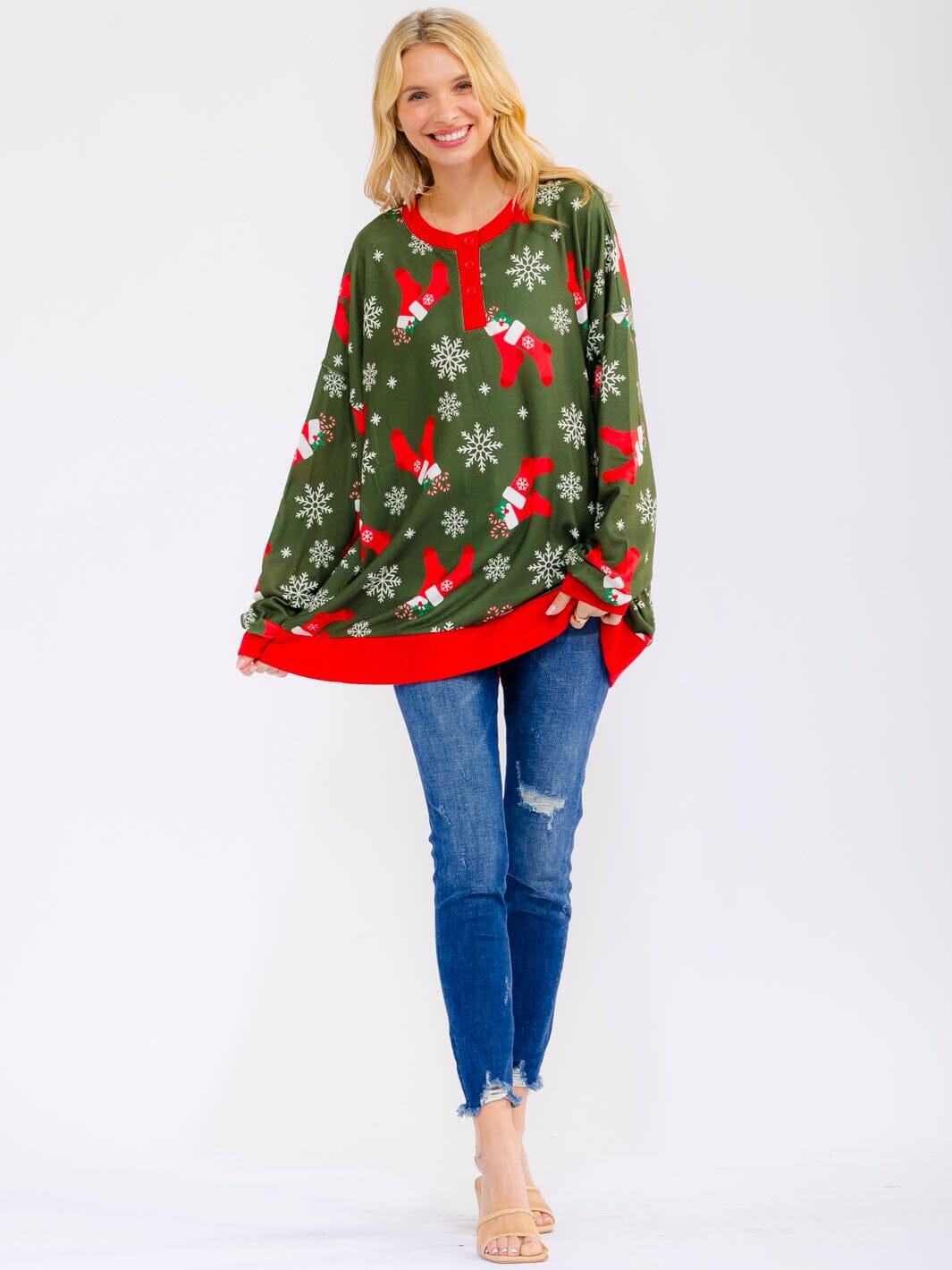 WOMEN'S LONG SLEEVE BUTTON UP PULLOVER OVERSIZED HOLIDAY SWEATER