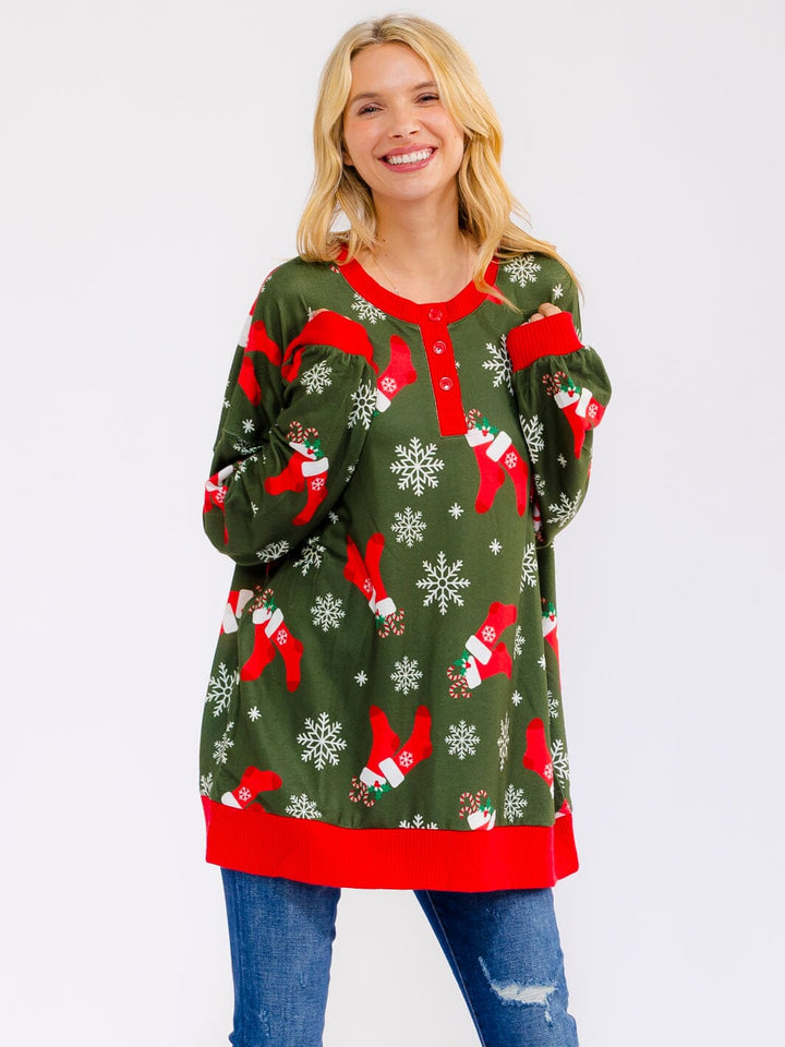 WOMEN'S LONG SLEEVE BUTTON UP PULLOVER OVERSIZED HOLIDAY SWEATER