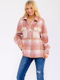 WOMEN'S LONG SLEEVE BUTTON UP FRONT POCKETS PLAID JACKET