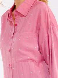 WOMEN'S LONG SLEEVE BUTTON UP FRONT POCKET RHINESTONES DETAILED SHIRT