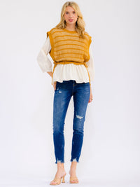 WOMEN'S 3/4 SLEEVE ADJUSTABLE WAIST KNIT CONTRAST BLOUSE