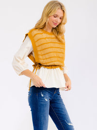 WOMEN'S 3/4 SLEEVE ADJUSTABLE WAIST KNIT CONTRAST BLOUSE
