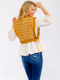 WOMEN'S 3/4 SLEEVE ADJUSTABLE WAIST KNIT CONTRAST BLOUSE