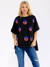 WOMEN'S SHORT SLEEVE HIGH-LOW SEQUINS GRAPHIC TOP