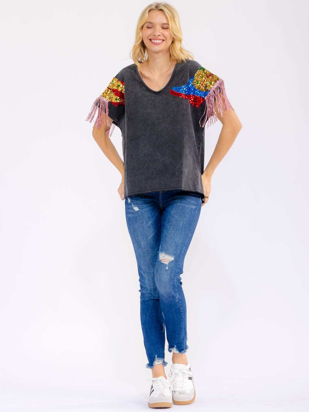 WOMEN'S SHORT SLEEVE V-NECK FRINGE SEQUINS WASHED SHIRT