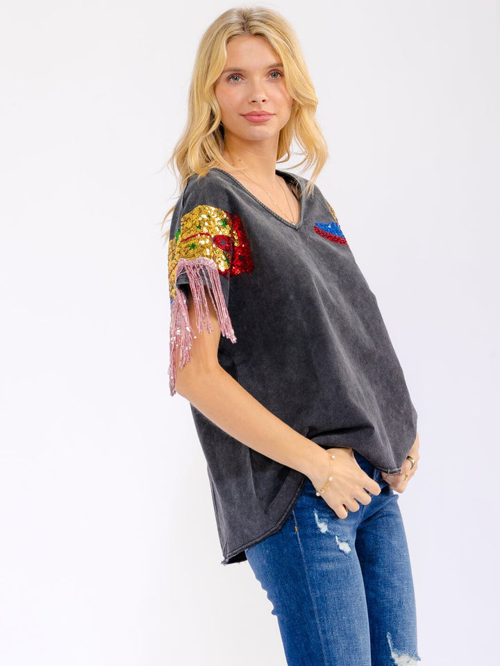 WOMEN'S SHORT SLEEVE V-NECK FRINGE SEQUINS WASHED SHIRT