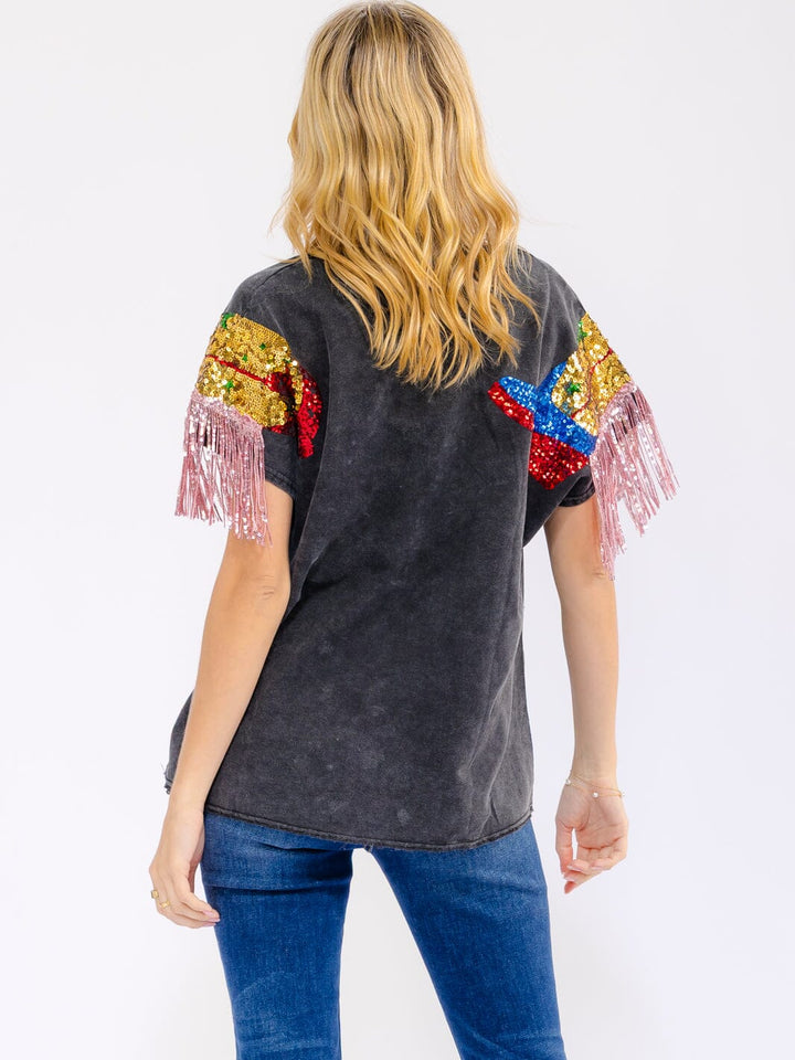 WOMEN'S SHORT SLEEVE V-NECK FRINGE SEQUINS WASHED SHIRT