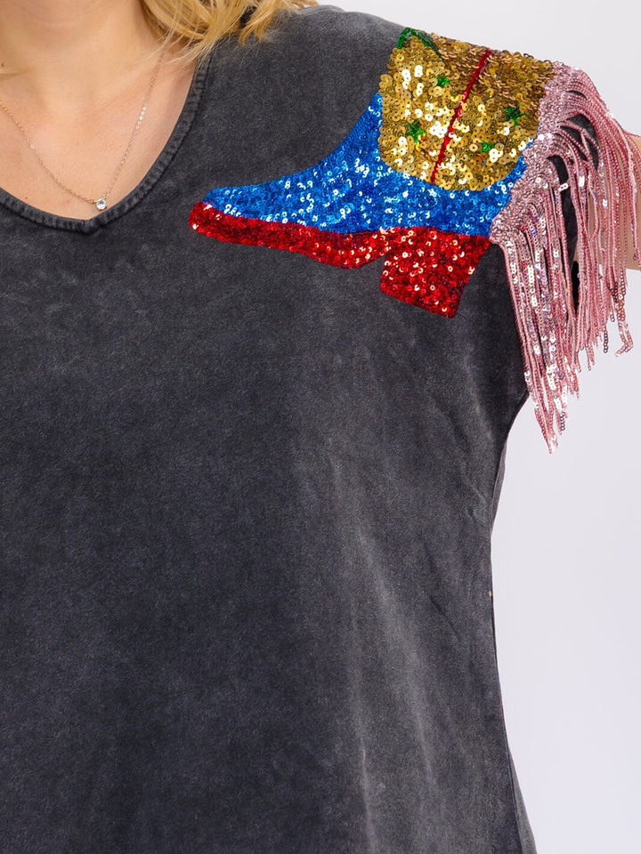 WOMEN'S SHORT SLEEVE V-NECK FRINGE SEQUINS WASHED SHIRT