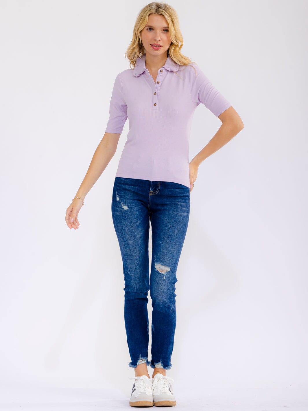 WOMEN'S SHORT SLEEVE BUTTON UP RUFFLE COLLAR BLOUSE
