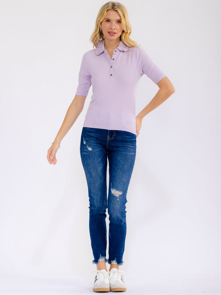 WOMEN'S SHORT SLEEVE BUTTON UP RUFFLE COLLAR BLOUSE