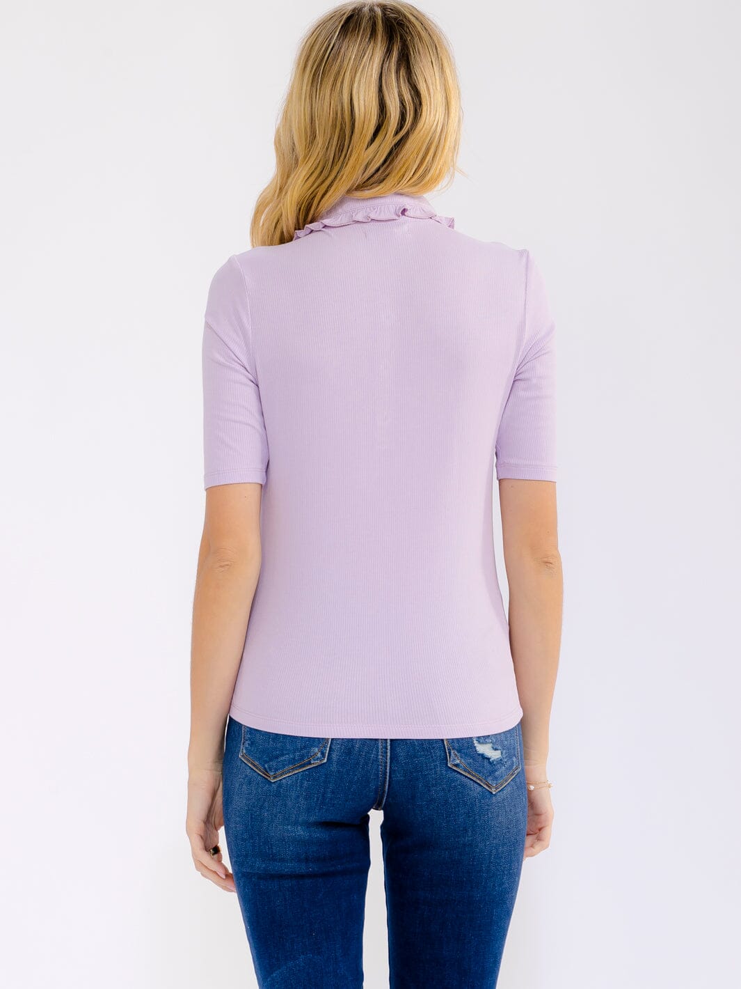 WOMEN'S SHORT SLEEVE BUTTON UP RUFFLE COLLAR BLOUSE