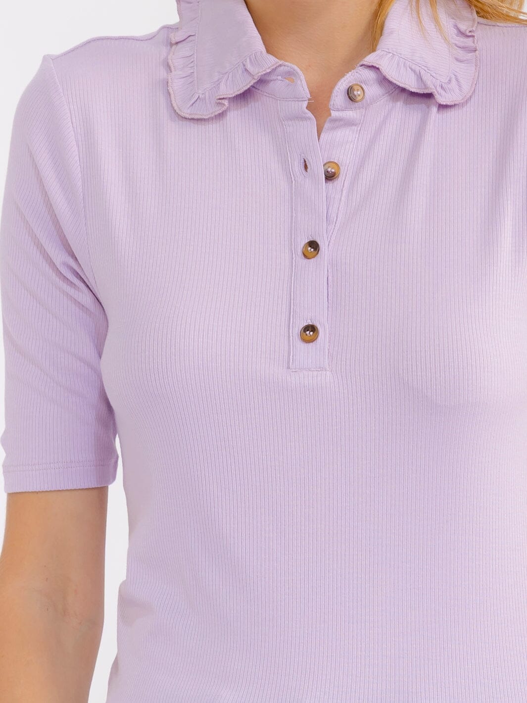 WOMEN'S SHORT SLEEVE BUTTON UP RUFFLE COLLAR BLOUSE