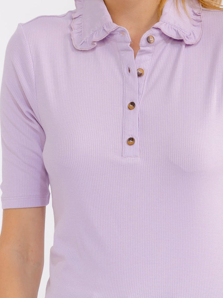 WOMEN'S SHORT SLEEVE BUTTON UP RUFFLE COLLAR BLOUSE
