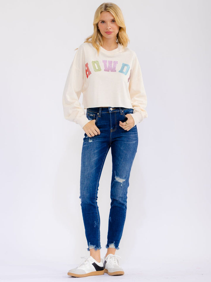 WOMEN'S LONG SLEEVE RHINESTONES HOWDY PULLOVER TOP