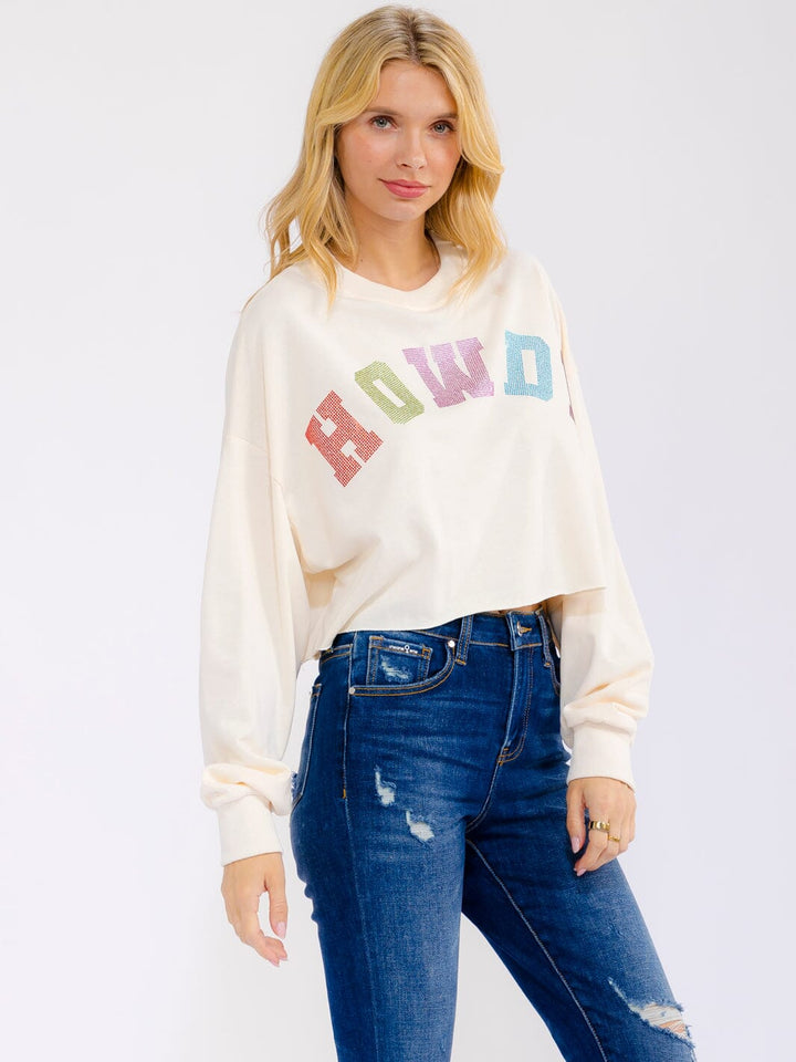 WOMEN'S LONG SLEEVE RHINESTONES HOWDY PULLOVER TOP