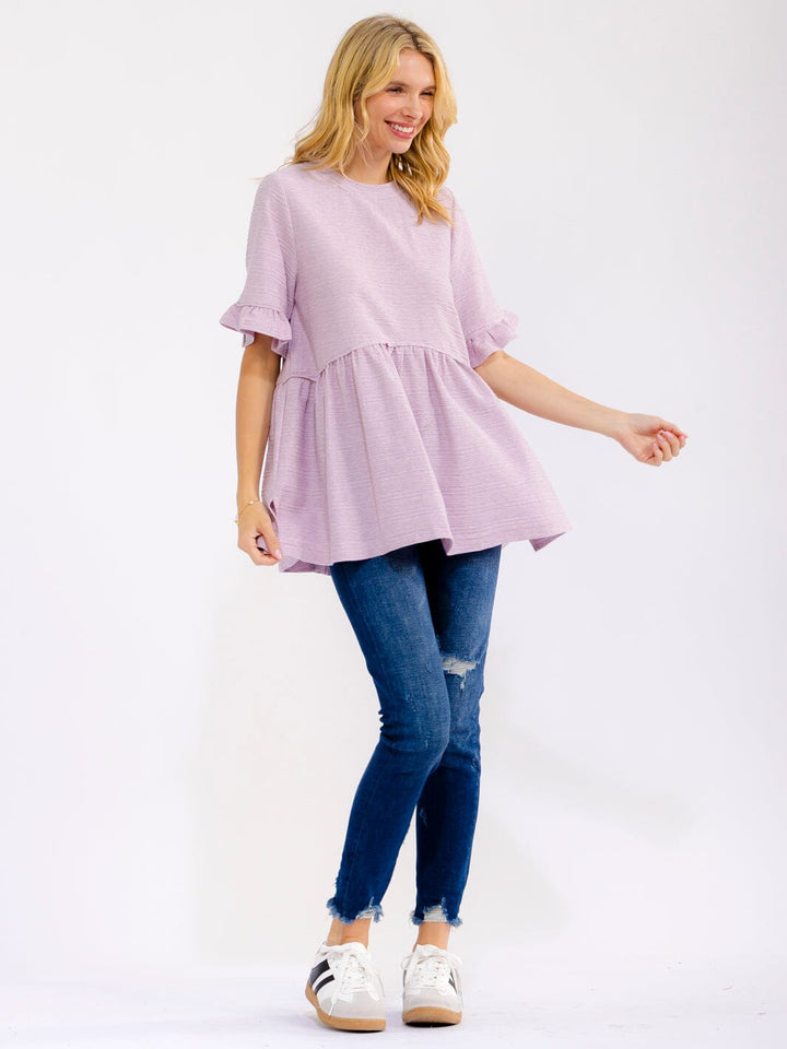WOMEN'S SHORT RUFFLE SLEEVE RIBBED PEPLUM BLOUSE